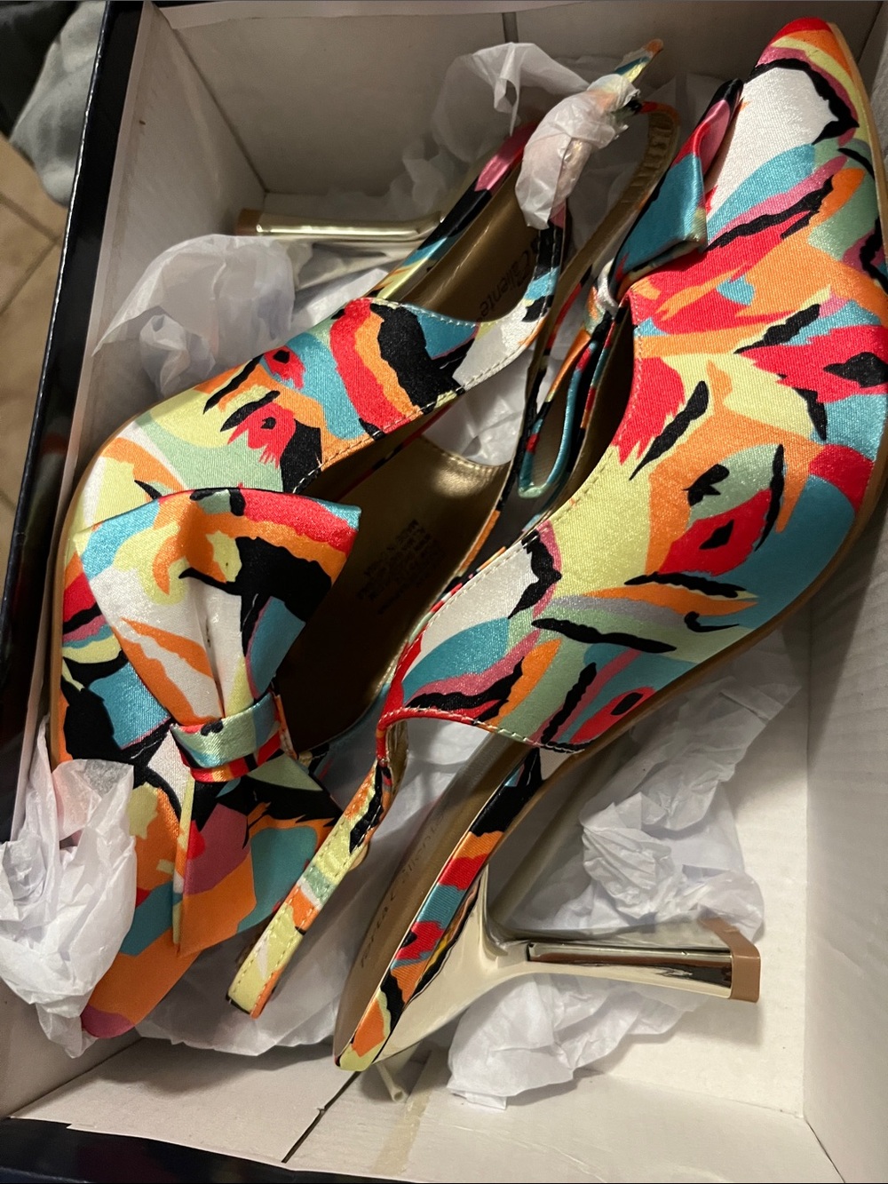 Multicolor Floral Bow Pointed-Toe Slingback Heels